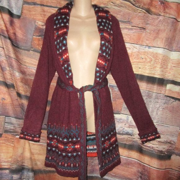 Wrangler S NWT Western Burhundy Southwest Belted Cardigan Sweater Jacket - Picture 6 of 8